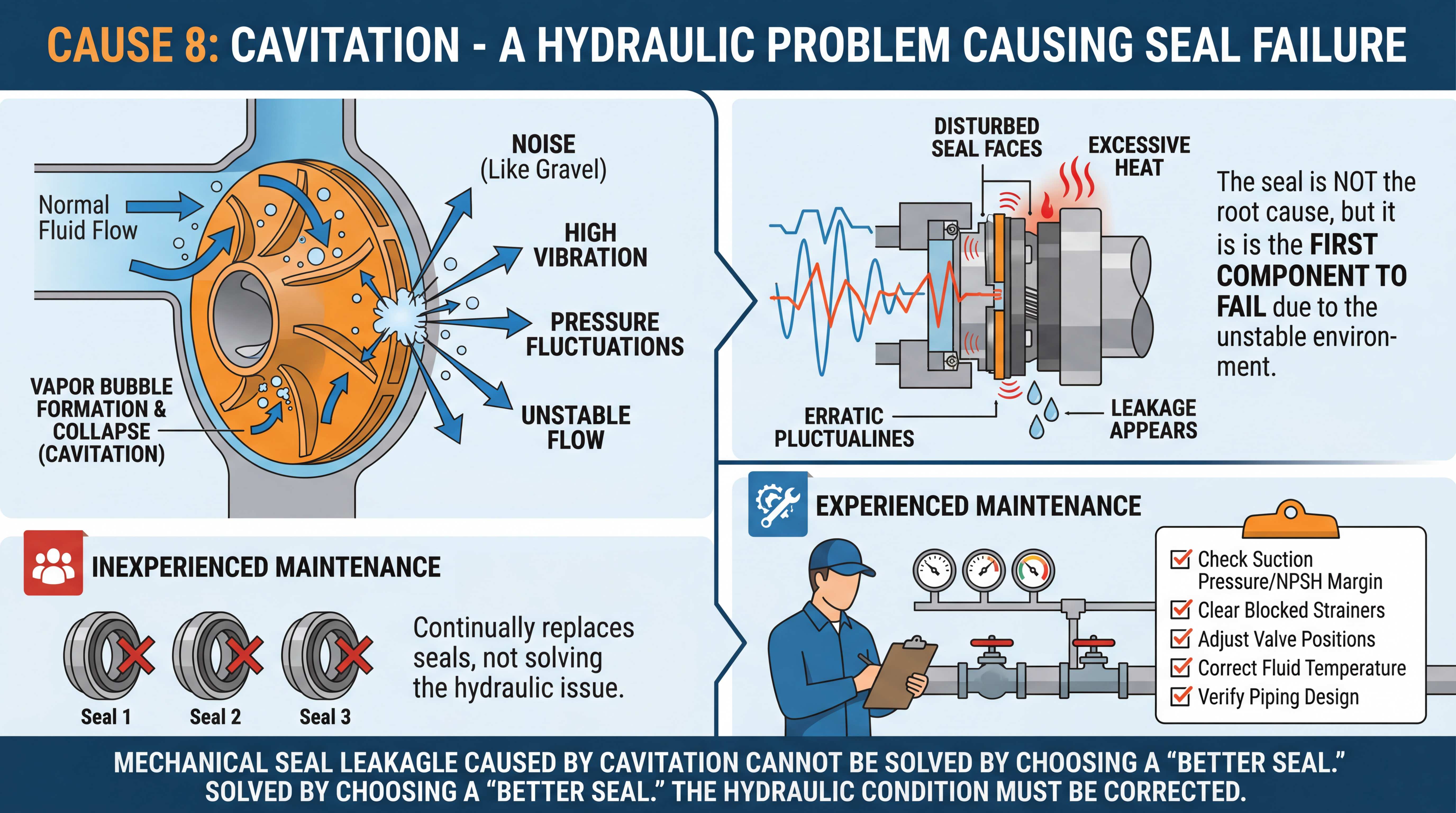 Cavitation inside a centrifugal pump causing vibration pressure fluctuations heat buildup and mechanical seal leakage